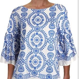 NWT XL Karen Kane Blue and White Embroidered Top